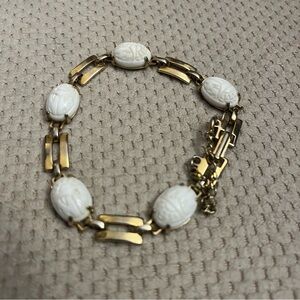 Vintage Egyptian Gold and White Scarab Bracelet with safety chain